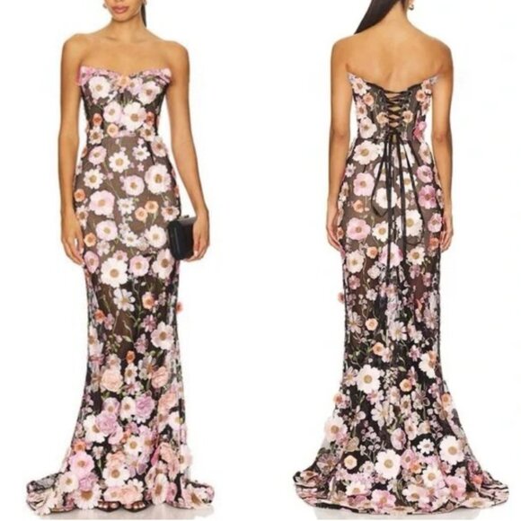 Bronx and Banco Jasmine Maxi Dress Gown Black Pink Floral Appliqued Cocktail - Picture 1 of 12